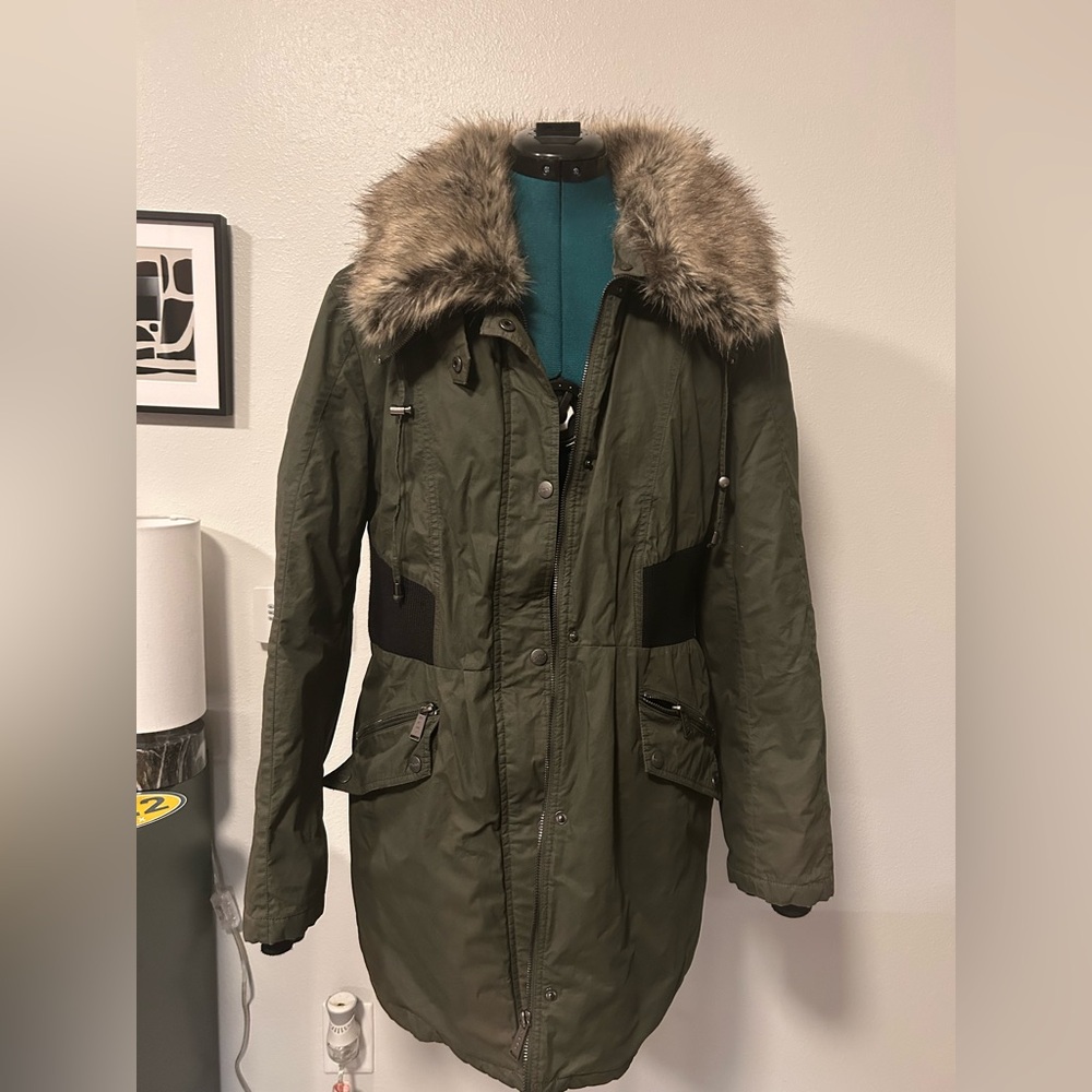DKNY Olive Green Military Parka with Faux Fur Detachable Collar